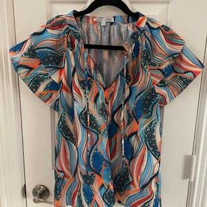 Joy Joy Women's Blue and Orange Patterned Blouse
